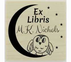 Owl On Moon Ex Libris Rubber Stamp - 1.5" X 1.5" - Stamptopia