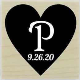 Personal Monogram And Date In A Heart Stamp - 1.5" X 1.5" - Stamptopia